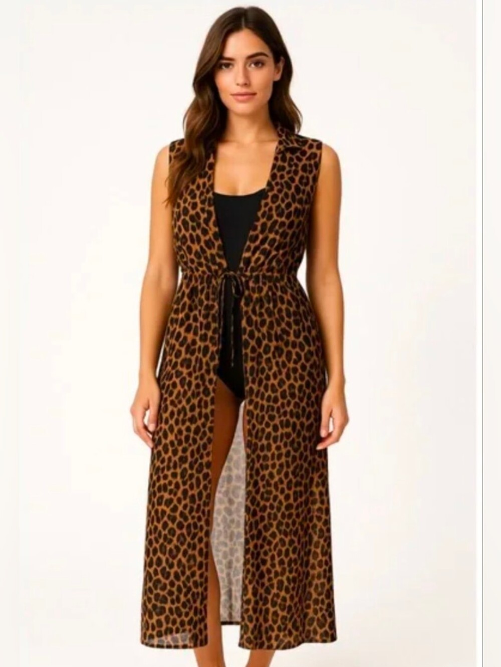EMBER Women's Large Leopard Print Sheer Tit-Front Swim Coverup Duster